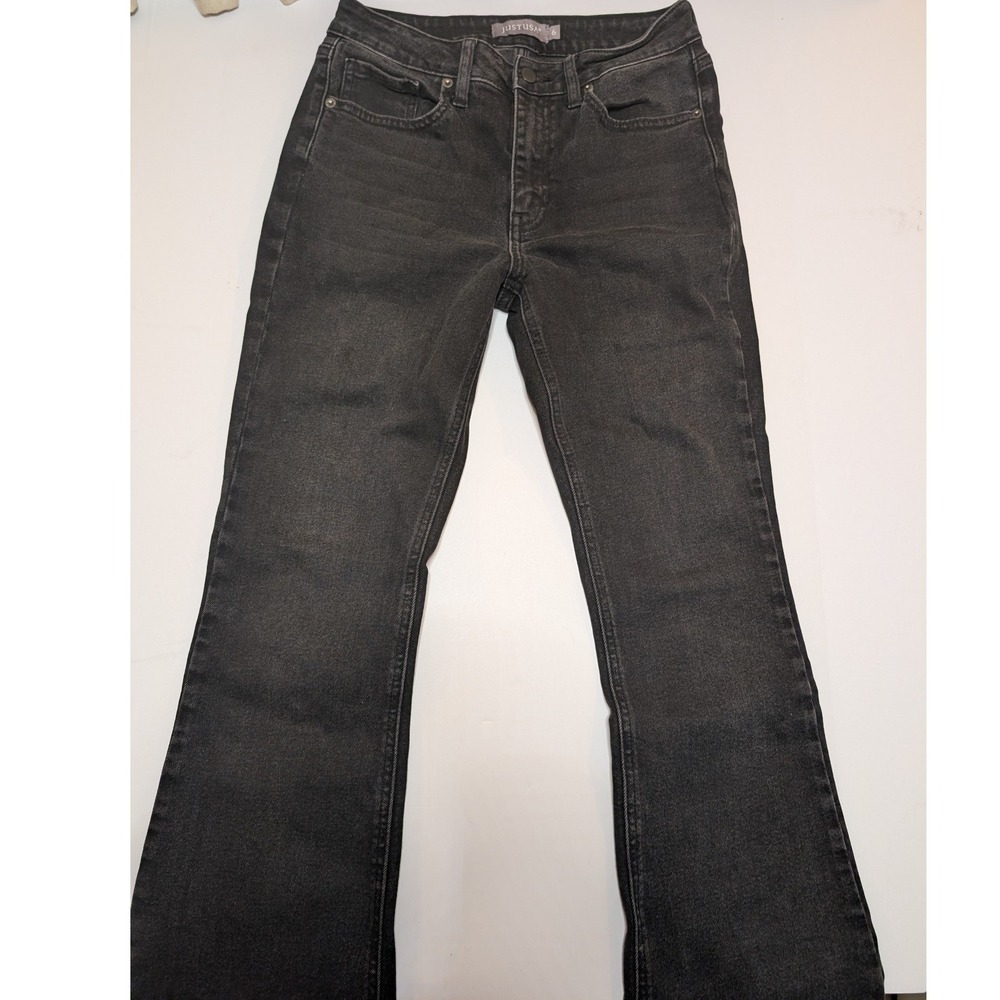 Just USA Black Flare Jeans High Rise‎ Raw Hem Size 6 Faded Denim Pants